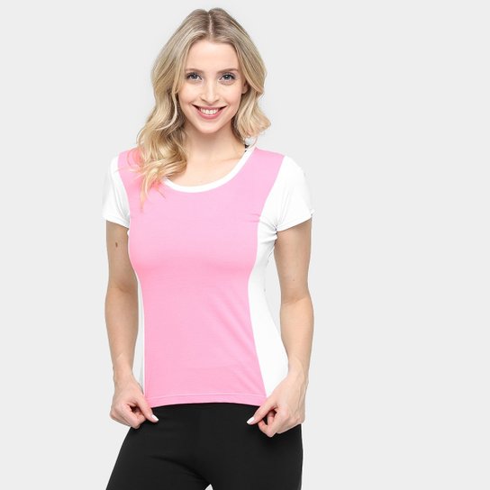 Blusa Memo Manga Curta Recorte Costas Feminina - Rosa+Branco
