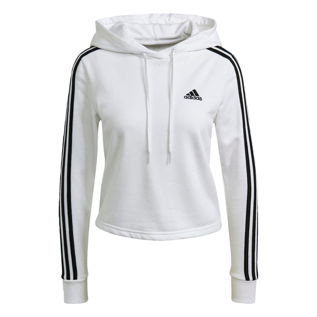 Blusa Moletom Capuz Cropped Essentials 3-Stripes Adidas Branco+