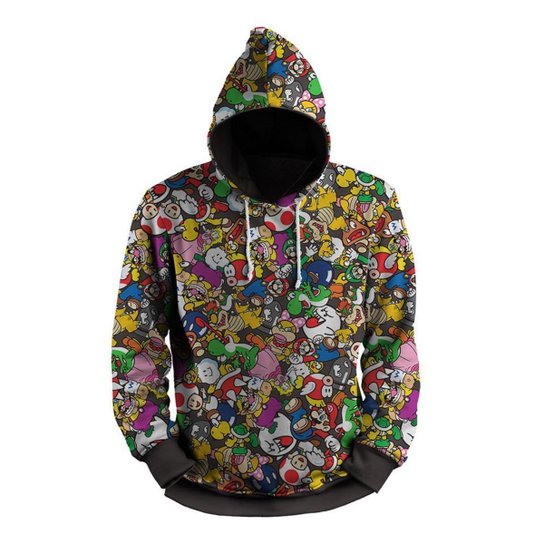 Blusa Moletom Casual Masculina Mario Bros Canguru Capuz - Preto Menor preço em Blusa Moletom Casual Masculina Mario Bros Canguru Capuz - Preto