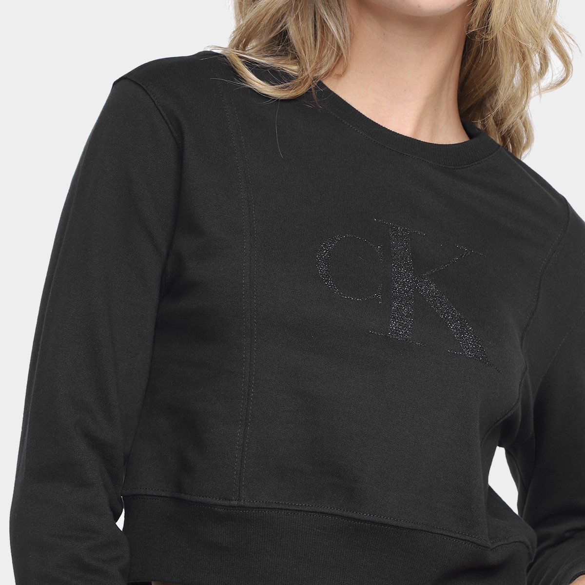 Blusa Moletom Cropped Calvin Klein Relevo Pino Feminina Preto