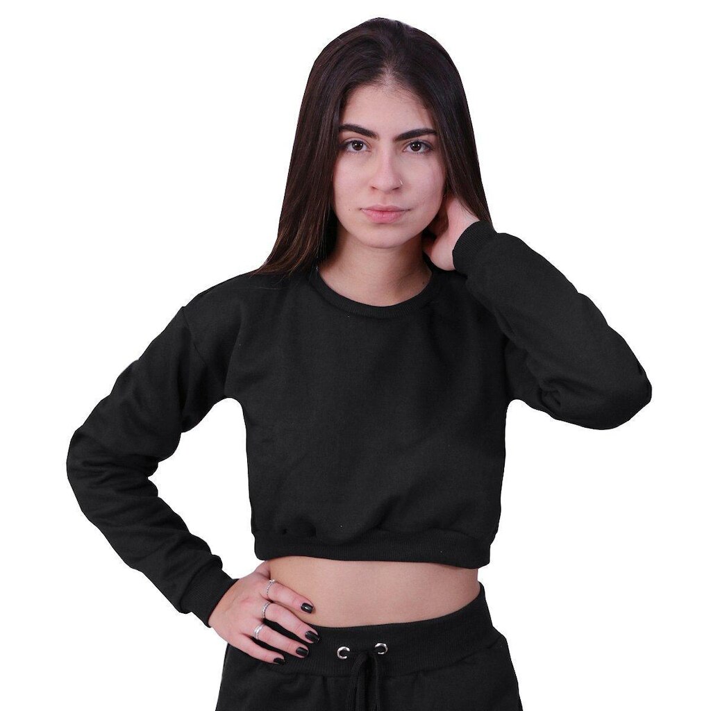 Blusa Moletom Cropped Infantil Liso Preto
