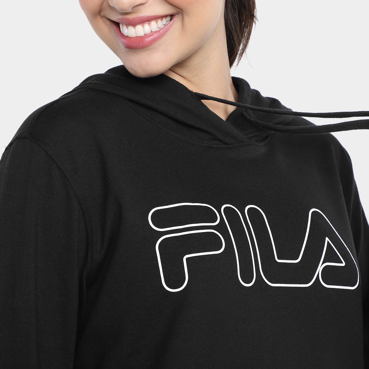 Blusa Moletom Fila Outline Basic com Capuz Feminina Preto+Branco