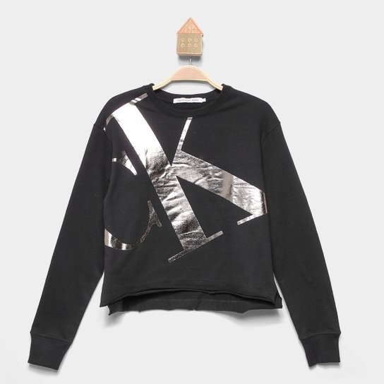Blusa Moletom Infantil Calvin Klein Full Foil Menina Preto