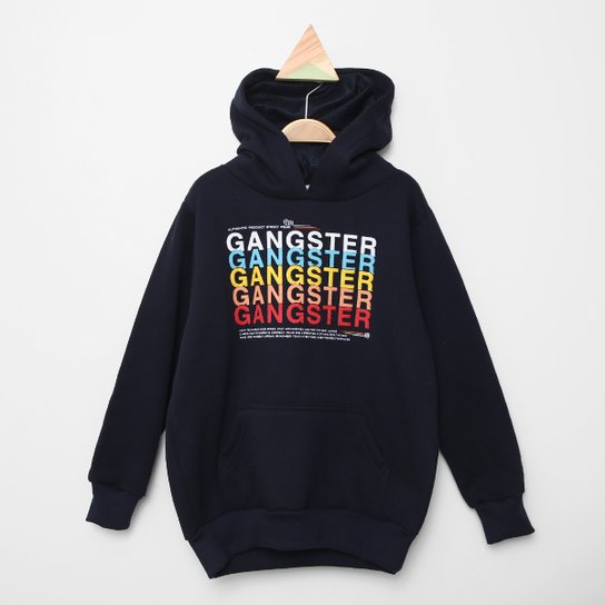 Blusa Moletom Infantil Gangster Com Capuz Menino Azul Escuro
