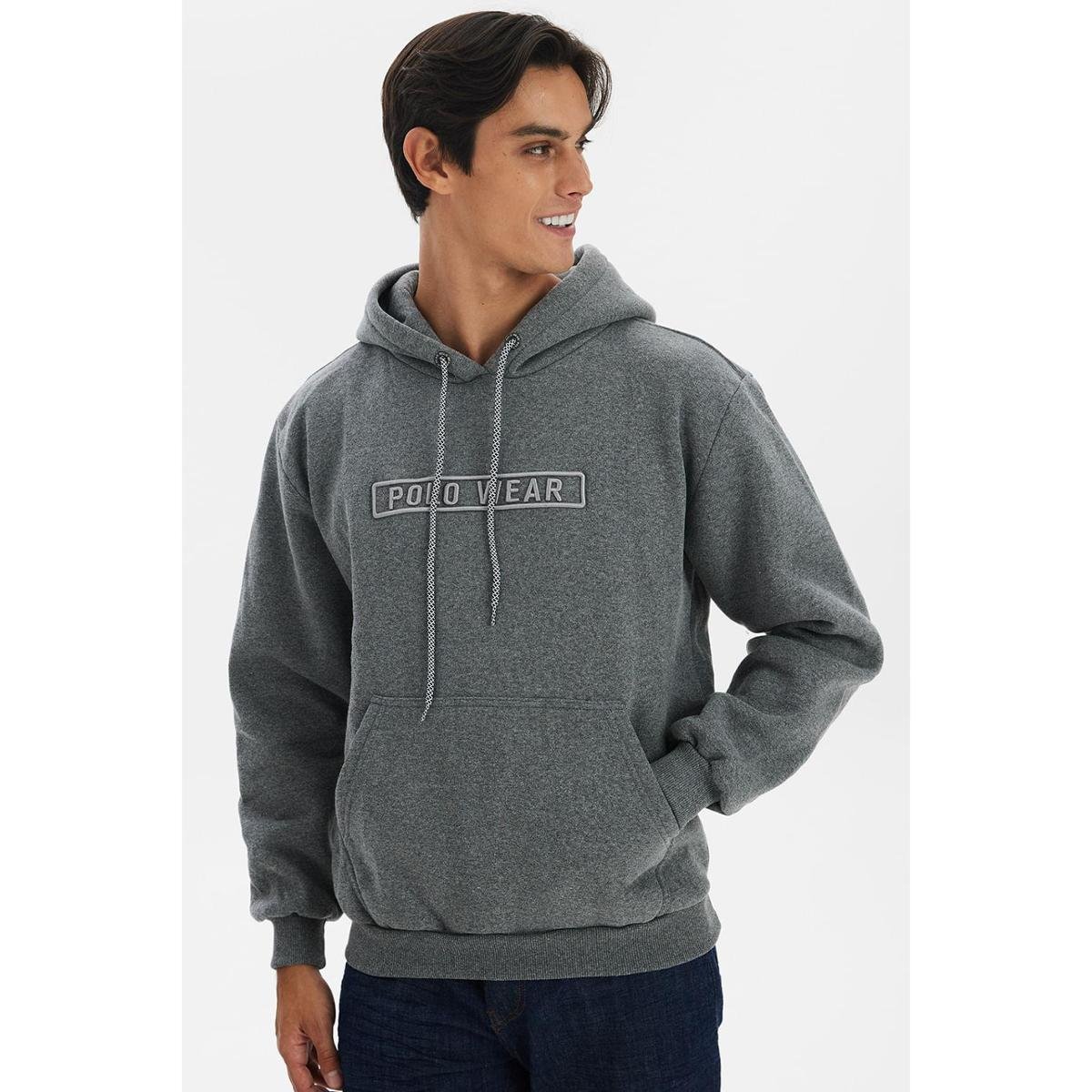 Blusa Moletom Masculina Canguru Fechado Polo Wear Mescla Escuro