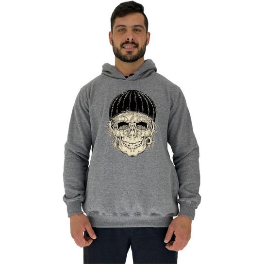 Blusa Moletom MXD Conceito Tradicional Com Touca Old Skull Masculina - Cinza