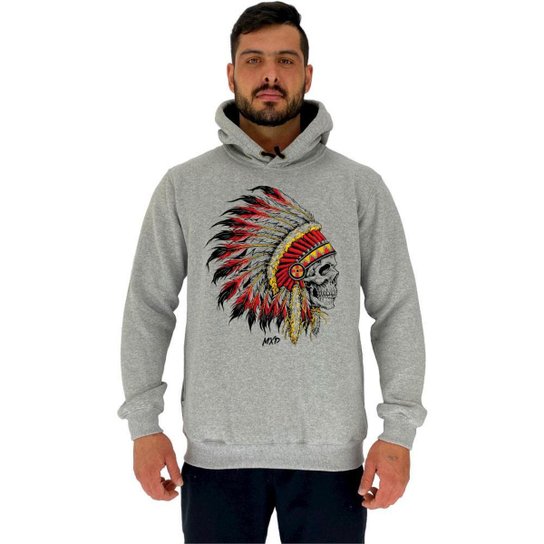 Blusa Moletom Tradicional Com Touca MXD Conceito Caveira Índio Cacique Masculino - Mescla Menor preço em Blusa Moletom Tradicional Com Touca MXD Conceito Caveira Índio Cacique Masculino - Mescla