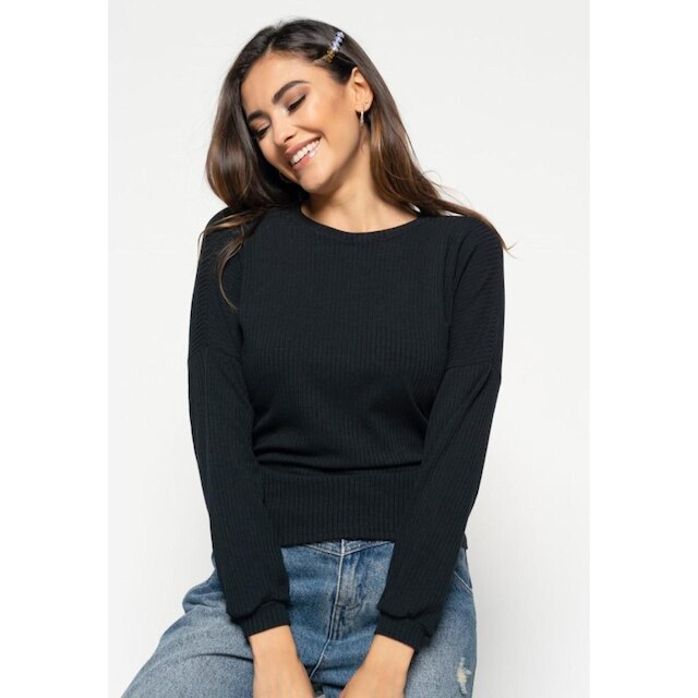 Blusa Morcego Salvatore Gola Canoa Manga Longa Canelada