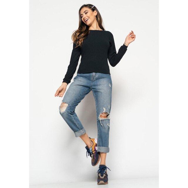 Blusa Morcego Salvatore Gola Canoa Manga Longa Canelada