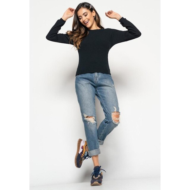 Blusa Morcego Salvatore Gola Canoa Manga Longa Canelada