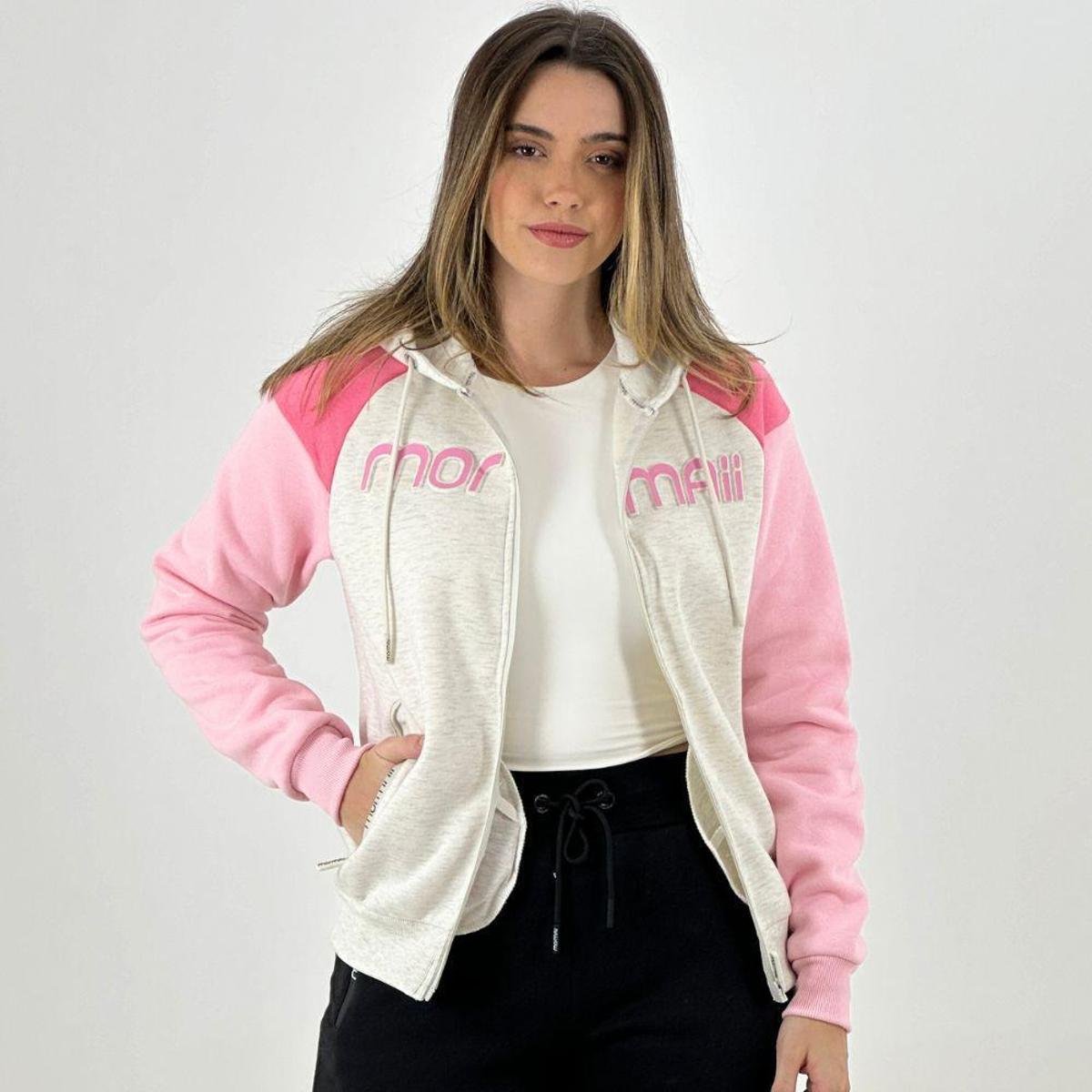 Blusa Mormaii Aberta Moletom com Capuz Feminina Rosa+Cinza