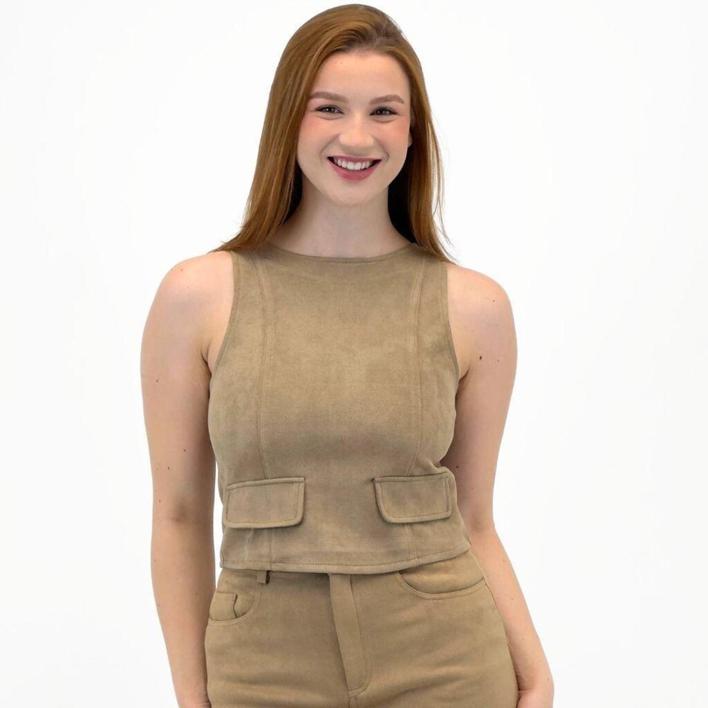 Blusa Pacific Regata Cropped em Suede Gola Redonda Feminina