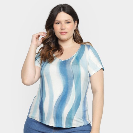 Blusa Plus Size Lunender Estampada Feminina - Azul Menor preço em Blusa Plus Size Lunender Estampada Feminina - Azul