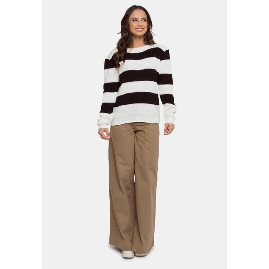 Blusa Suéter Pink Tricot Manga Longa de Tricô Listrado Feminino - Preto+Off White Menor preço em Blusa Suéter Pink Tricot Manga Longa de Tricô Listrado Feminino - Preto+Off White