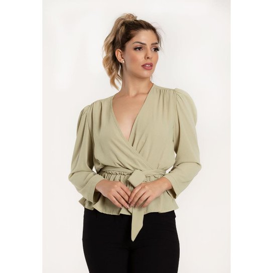 Blusa Transpassada Manga Longa Crepe - Vértice Feminina - Verde Menor preço em Blusa Transpassada Manga Longa Crepe - Vértice Feminina - Verde