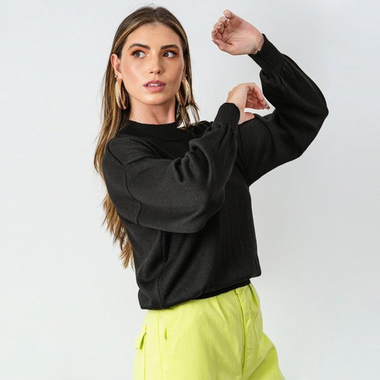 Blusa Tricô Feminina Manga Longa Bufante Conforto Casual - Preto