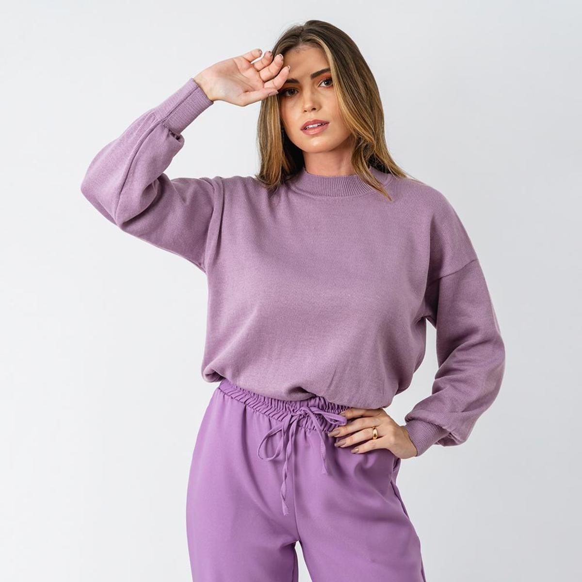 blusa manga longa em tricô bufante lisa