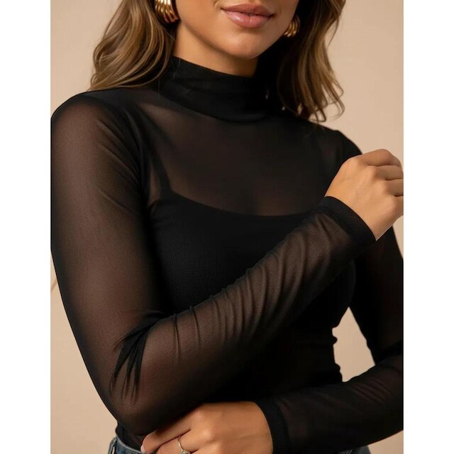 Blusa Tule Manga Longa Feminina Luxo