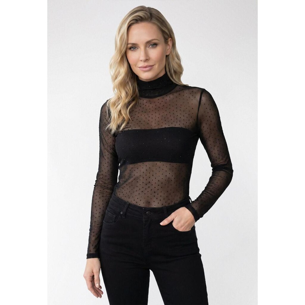Blusa Tule Manga Longa Gola Alta Preto