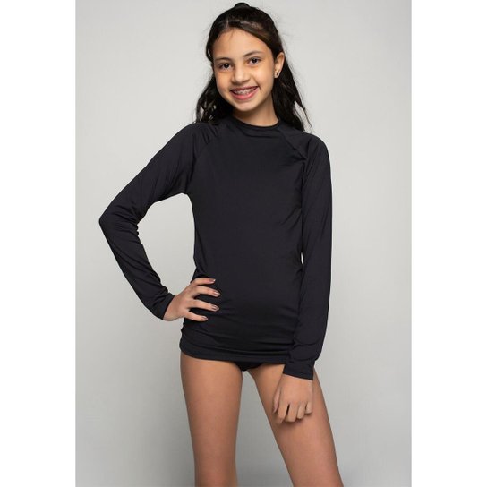 Blusa Uv Lisa Manga Longa Comprida Feminina Infantil Moda Praia Verão - Preto Menor preço em Blusa Uv Lisa Manga Longa Comprida Feminina Infantil Moda Praia Verão - Preto