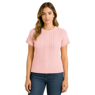 Blusa Vih Triny Feminina Tricô Manga Curta Canelada Trama Trançada