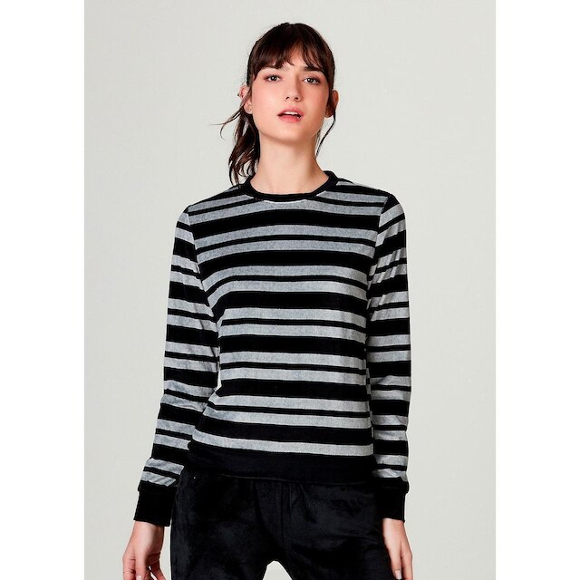 Blusão Básico Em Plush Listrado Hering Feminino - Preto Menor preço em Blusão Básico Em Plush Listrado Hering Feminino - Preto