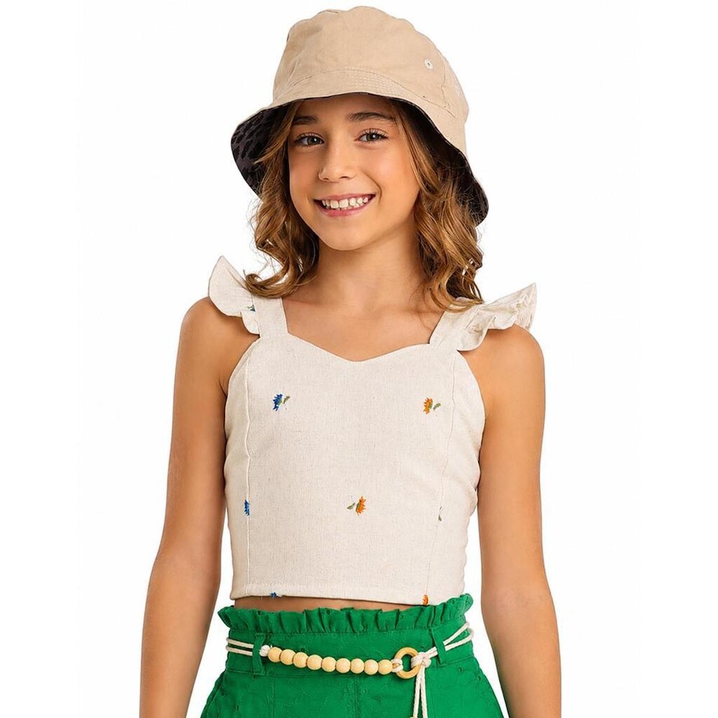 Blusinha Juvenil Look Jeans Bordada Linho Natural