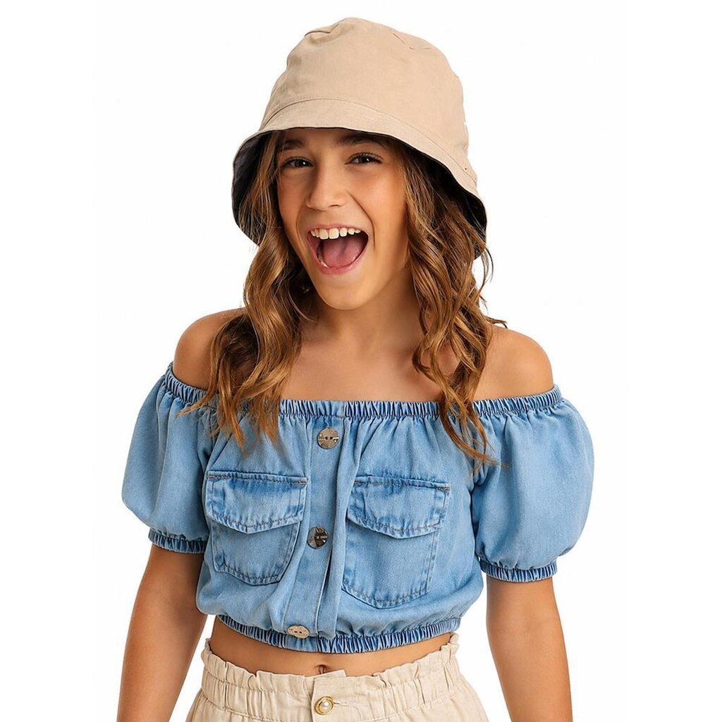 Blusinha Juvenil Look Jeans Ombro a Ombro Jeans