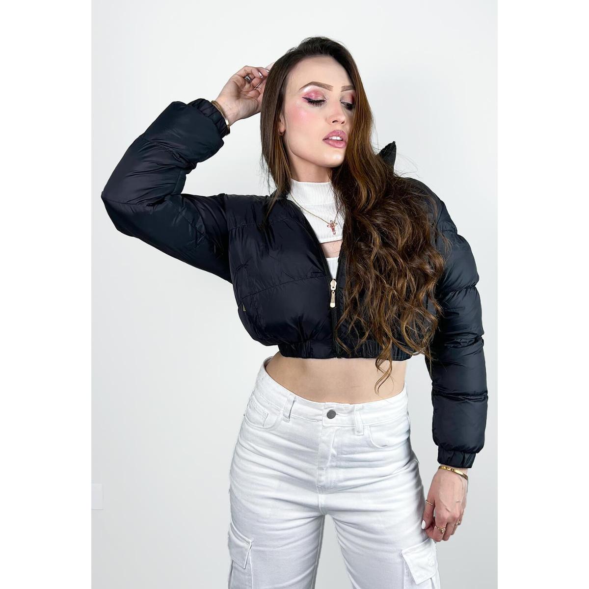 Bobojaco Puffer Cropped Nylon Peluciada Feminina Preta com Capuz