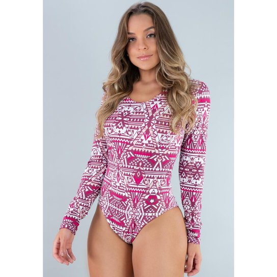 Body Estampado Manga Longa Costa Fechada Collant Feminino Branco