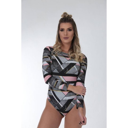 Body Fitness Manga Longa Estampado Feminino - Cinza Menor preço em Body Fitness Manga Longa Estampado Feminino - Cinza