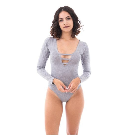 Body Moda Vício Manga Longa Com Tiras Feminino - Mescla Menor preço em Body Moda Vício Manga Longa Com Tiras Feminino - Mescla