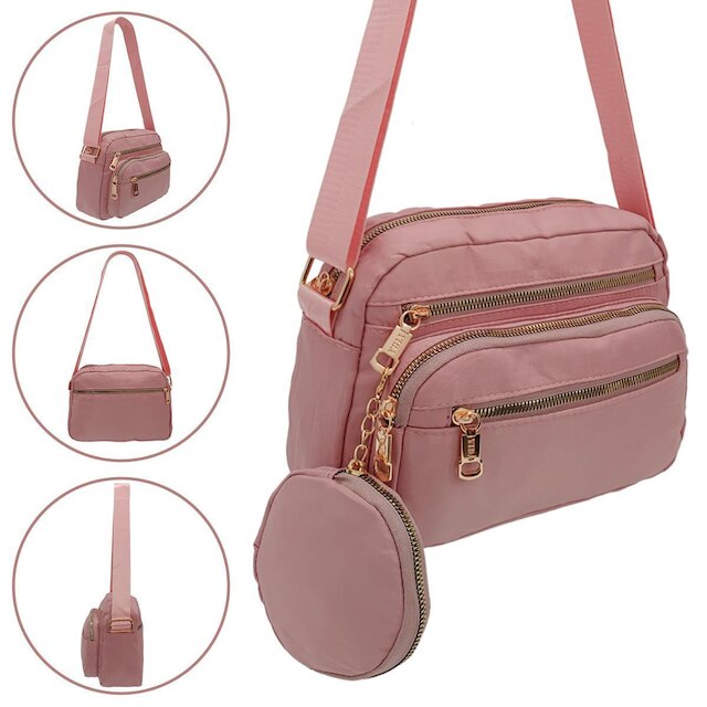 BOLSA FEMININA LEVE TRANSVERSAL TIRACOLO VARIAS DIVISÓRIAS - Rosa Claro é boa?