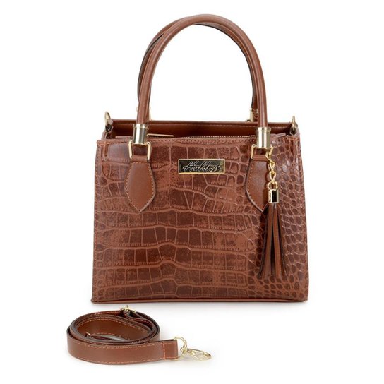 Bolsa Pequena Feminina Textura Croco com Alças de Mão Transversal Detalhe Franja