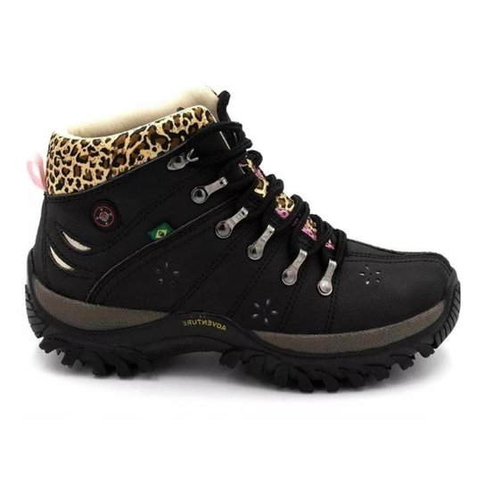 Bota Adventure Feminina Cano Curto Animal Print Trilha - Preto