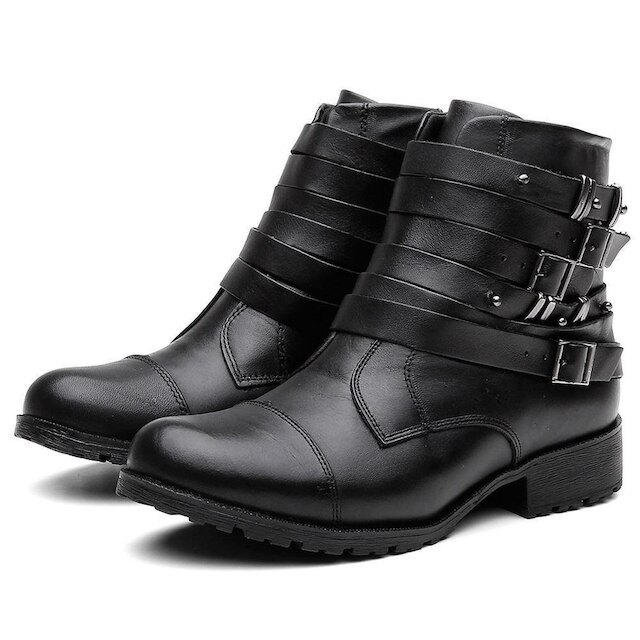 Bota Biker Couro Fivelas Laterais Confortável Feminina - Preto Menor preço em Bota Biker Couro Fivelas Laterais Confortável Feminina - Preto