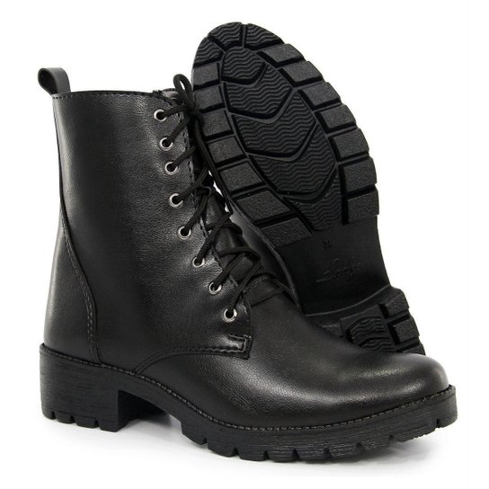 Bota BR2 Coturno Salto Baixo Amarração Zíper Feminina - Preto Menor preço em Bota BR2 Coturno Salto Baixo Amarração Zíper Feminina - Preto