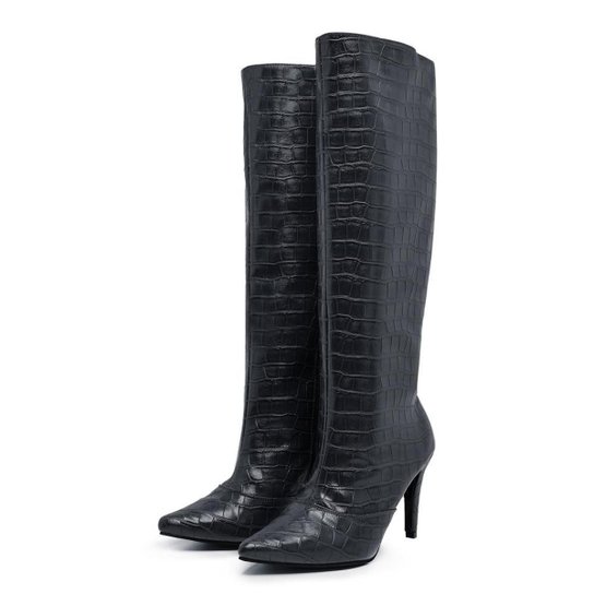 Bota Cano Alto Feminina Bico e Salto Fino Com Zíper Textura Croco