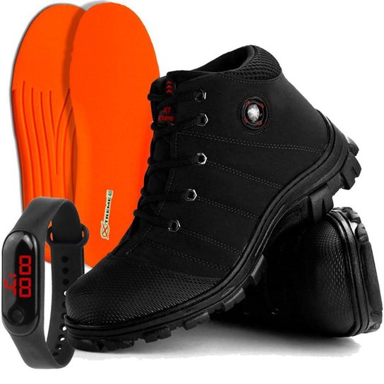Bota Cano Curto Adventure Coturno Trekking Masculino Palmilha Conforto + Relógio Digital Slim - Preto Menor preço em Bota Cano Curto Adventure Coturno Trekking Masculino Palmilha Conforto + Relógio Digital Slim - Preto