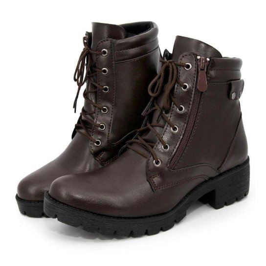 Bota Cano Curto Coturno Salto Baixo Zíper - Marrom Menor preço em Bota Cano Curto Coturno Salto Baixo Zíper - Marrom