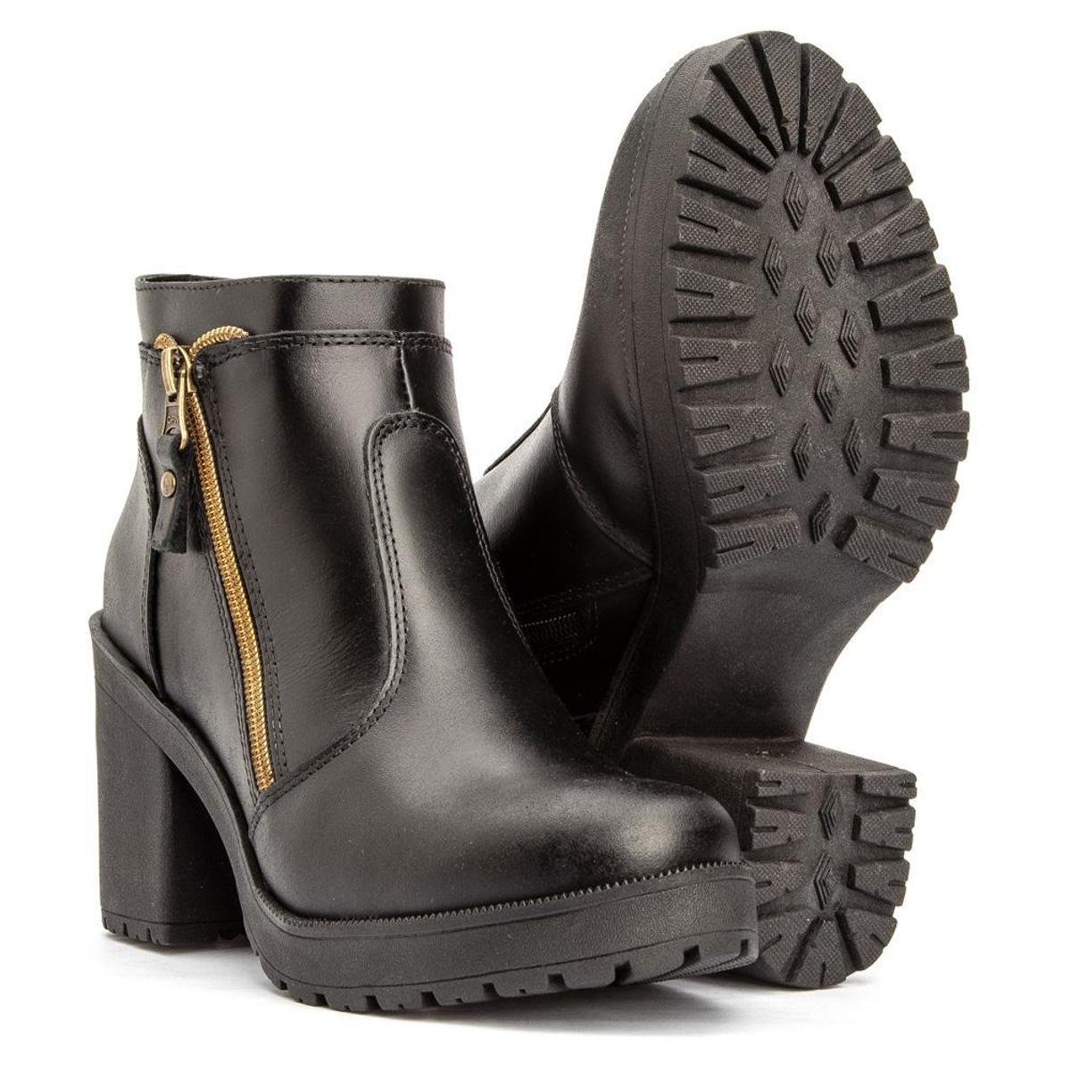 Bota cano curto couro tratorada com zíper preta - Preto | Netshoes
