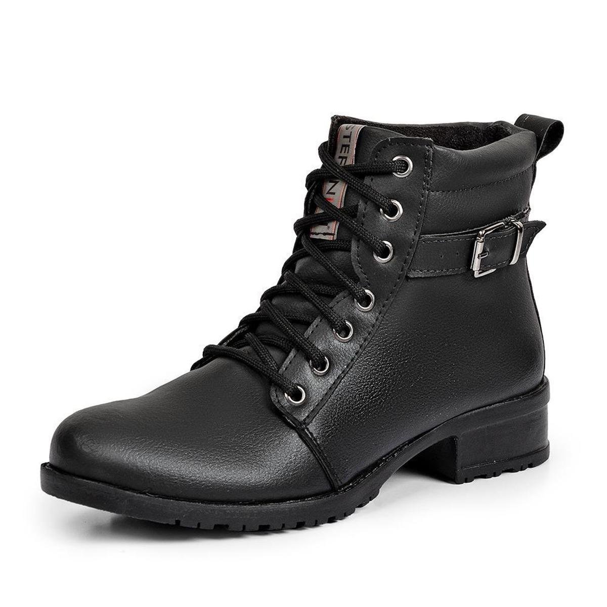 Bota Cano Curto Feminina Casual com Cadarço e Salto Baixo - Preto | Netshoes