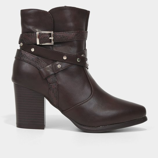 Bota Cano Curto Mooncity Salto Grosso Tiras Feminina - Marrom Menor preço em Bota Cano Curto Mooncity Salto Grosso Tiras Feminina - Marrom