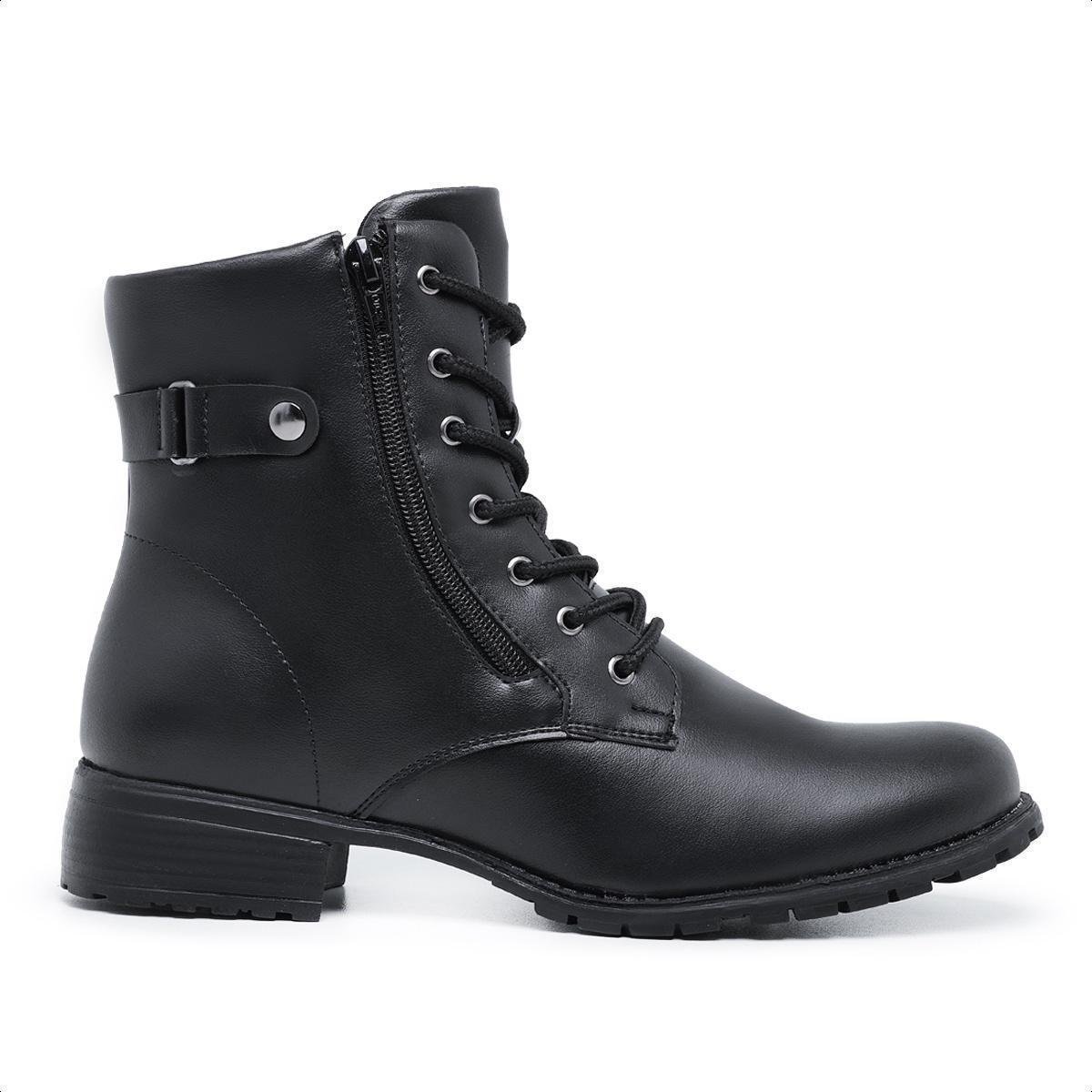 Bota Cano Curto Tratorada Salto Baixo Feminina Zíper - Preto | Netshoes