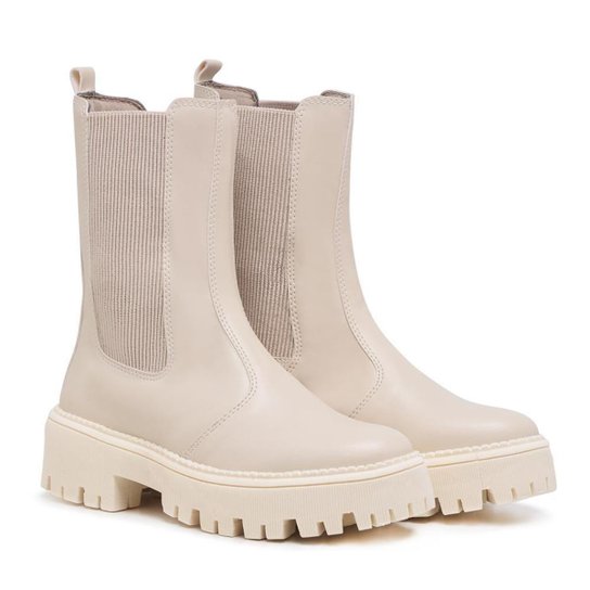 Bota Chelsea Feminina Cano Alto Plataforma Tratorada Moderno - Off White Menor preço em Bota Chelsea Feminina Cano Alto Plataforma Tratorada Moderno - Off White