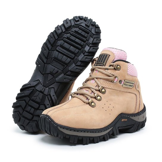 Bota Coturno Adventure Trilha Segurança Trabalho Reforçada Couro Legítimo Sola Gel Polo Urban - Bege+Rosa Menor preço em Bota Coturno Adventure Trilha Segurança Trabalho Reforçada Couro Legítimo Sola Gel Polo Urban - Bege+Rosa