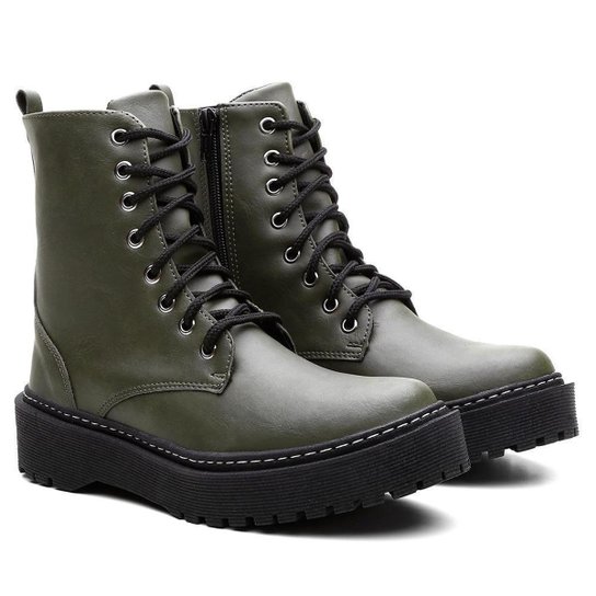 Bota Coturno Cano Médio Napa Cadarço Conforto Vicerinne Feminina - Verde Militar