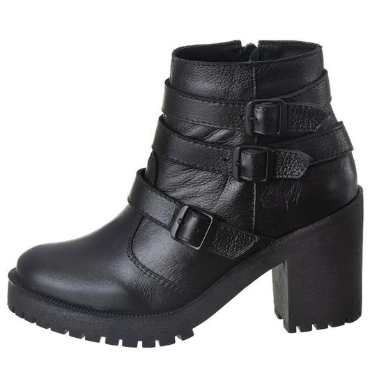 Bota Coturno Couro Fivelas Salto Tratorado Preto Agnes Veronez - Preto Menor preço em Bota Coturno Couro Fivelas Salto Tratorado Preto Agnes Veronez - Preto