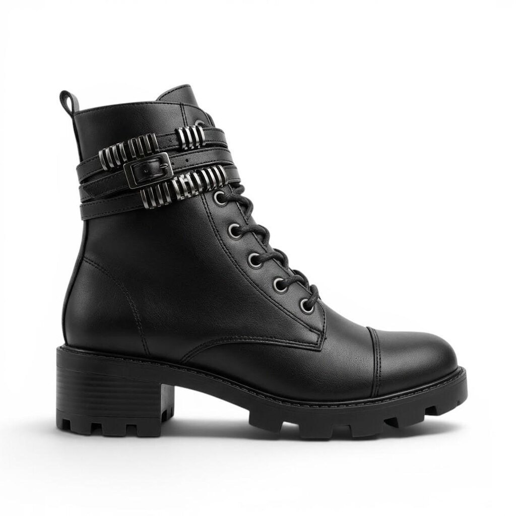 Bota Coturno Feminina Cano Curto Tratorada com Fivelas Estilo Urbano