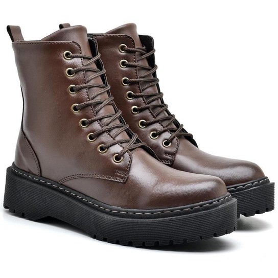 Bota Coturno Feminina Salto Tratorado Cano Médio Confortável - Marrom Menor preço em Bota Coturno Feminina Salto Tratorado Cano Médio Confortável - Marrom
